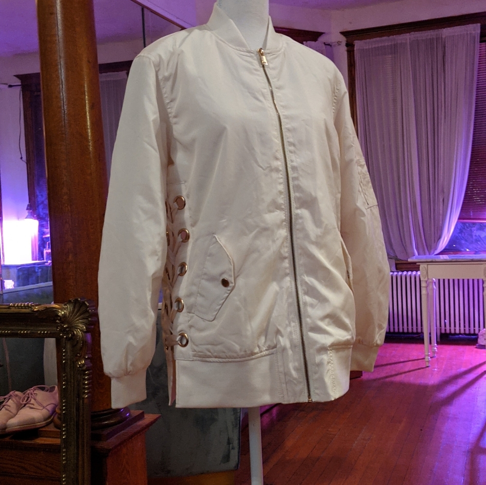 White Bomber W/ Satin Ribbon Laced Side De…